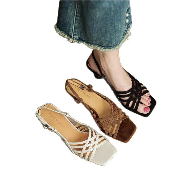 Women's retro thin strap high heel sandals with square toe and ankle buckle in light brown
