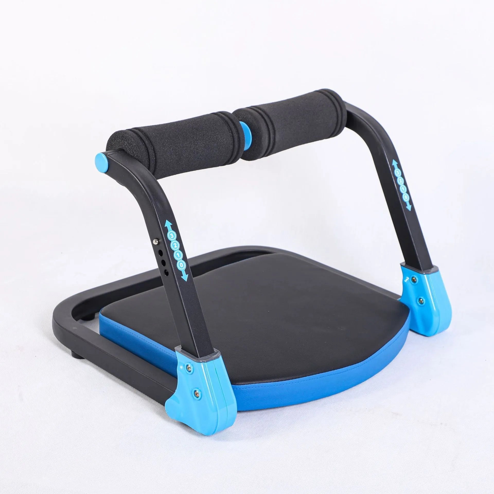Sky blue and red coloured mini multifunctional abdominal fitness device on a white background.