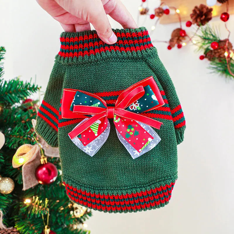 Green polyester dog Christmas jumper showing knitted sweater design for festive seasonal wear
