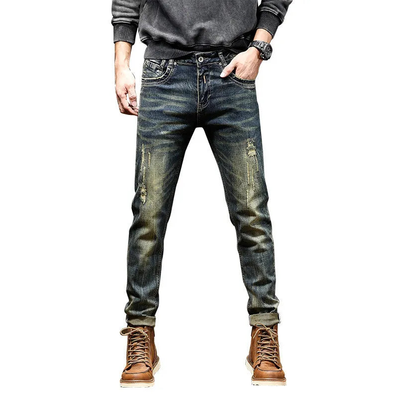 Men's skinny fit jeans in a retro colour with a zip fly fastening.