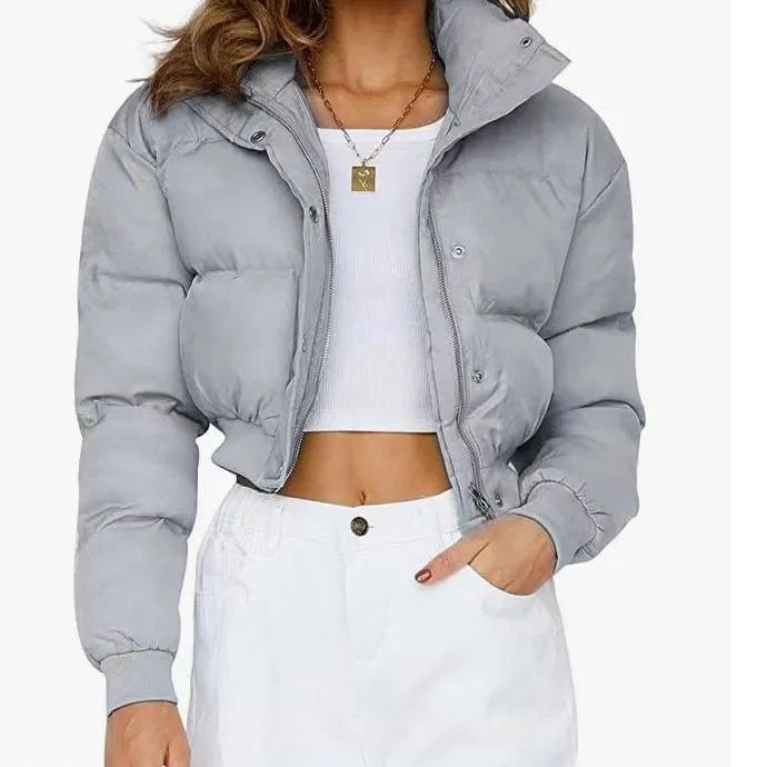 Women's loose fit polyester jacket in blue, grey, black, and milky white colours with long sleeves