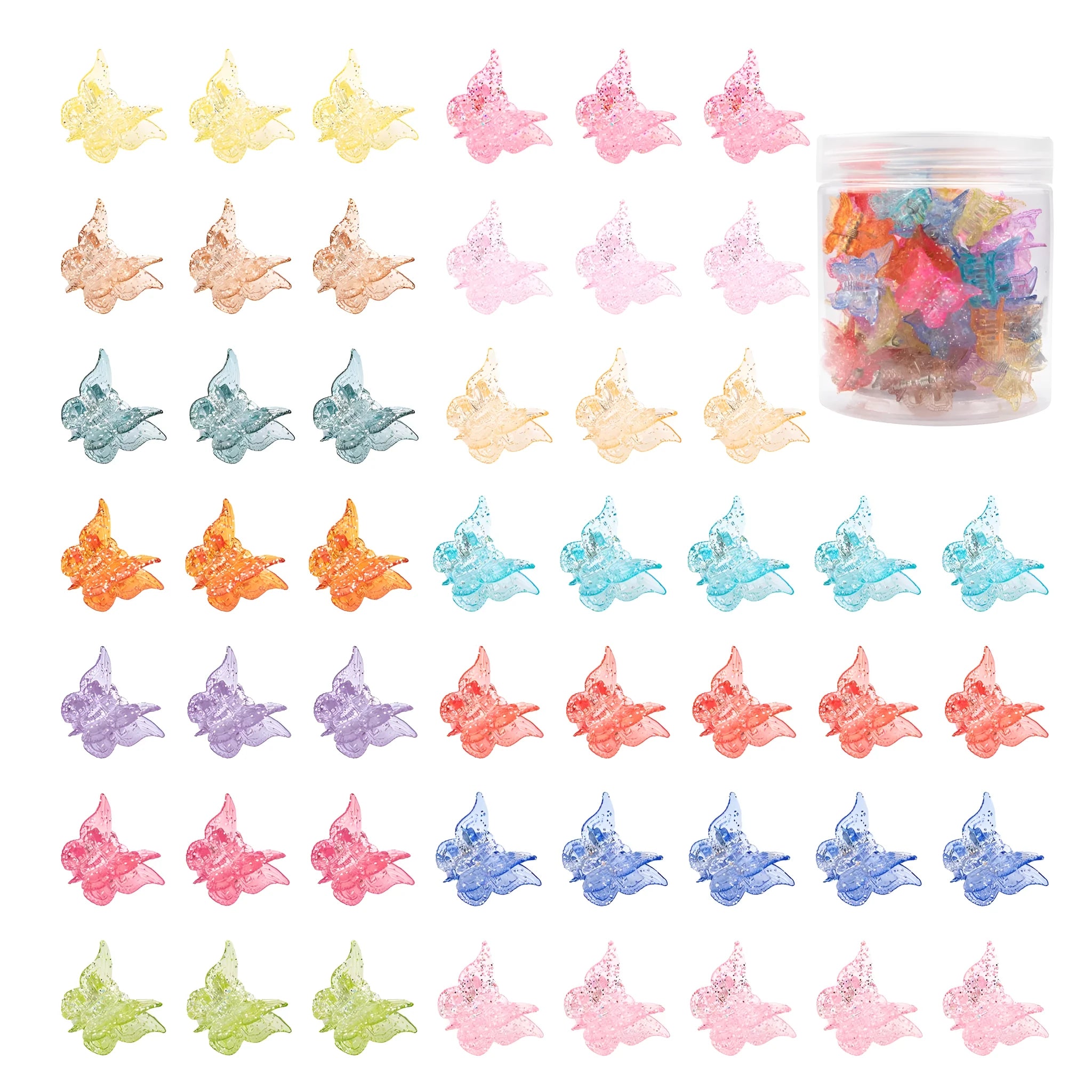 50 glitter butterfly hair claw clips in assorted colours showing plastic metal construction