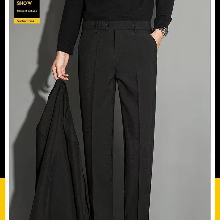 Men's straight ankle-length suit trousers with spring draping effect in chemical fibre blend fabric