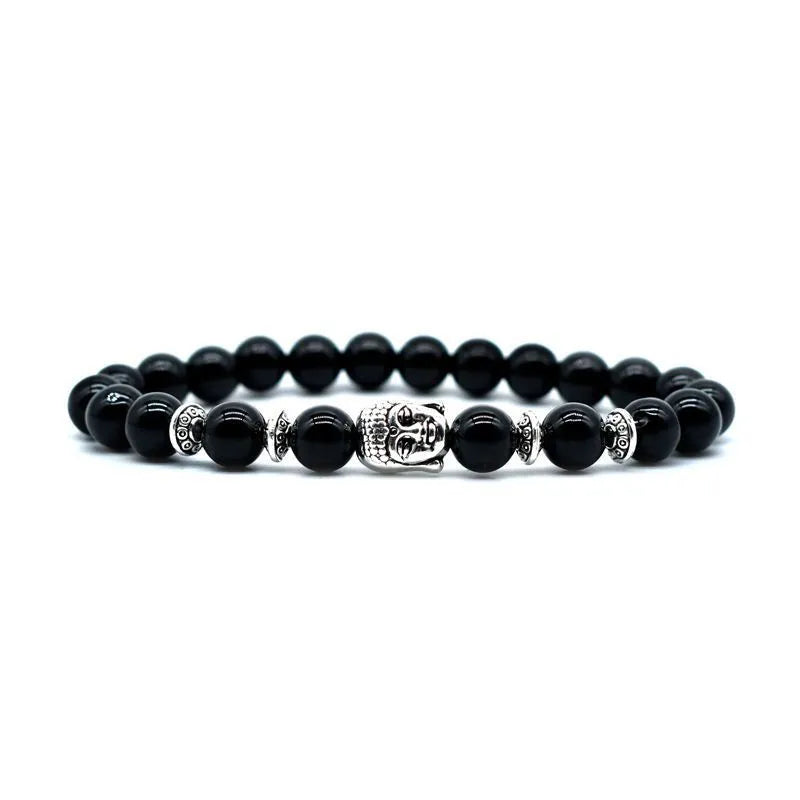 Handcrafted unisex bracelet with a 19mm Buddha head bead in amethyst, tiger eye, black agate, pink crystal, or green gold.