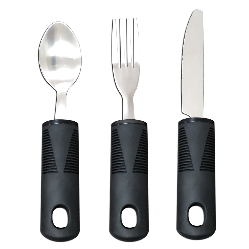 Stainless steel adaptive spoon with black rubber anti-shake handle for elderly food aid.