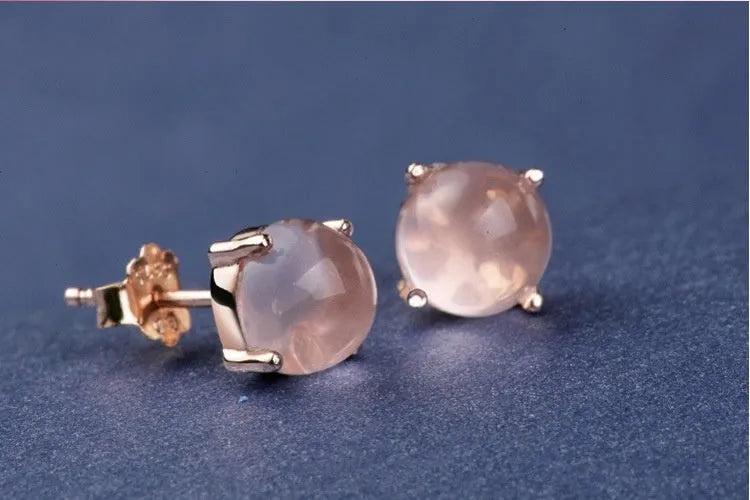 Women's rose gold drop stud earrings with synthetic quartz crystal inlay, Korean minimal style.