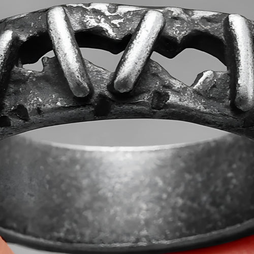Stainless steel punk style double band ring showing stitching design details