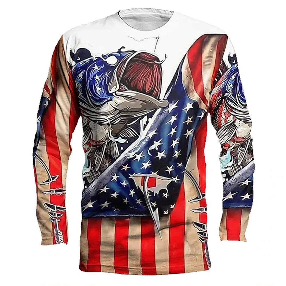 Men's grey round neck long-sleeve top with a large printed blue and orange fish graphic on the front.