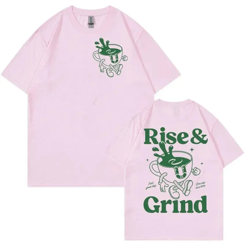 Loose-fit men's t-shirt with 'Rise and Grind' green coffee cartoon graphic in linen blend fabric