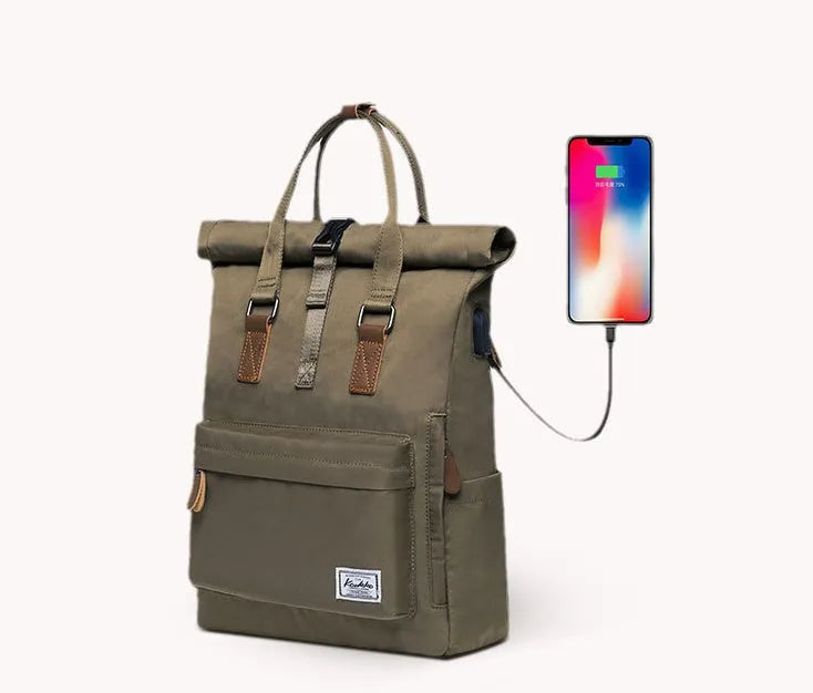 Casual black polyester backpack with cover opening showing internal computer pocket and zipper compartment