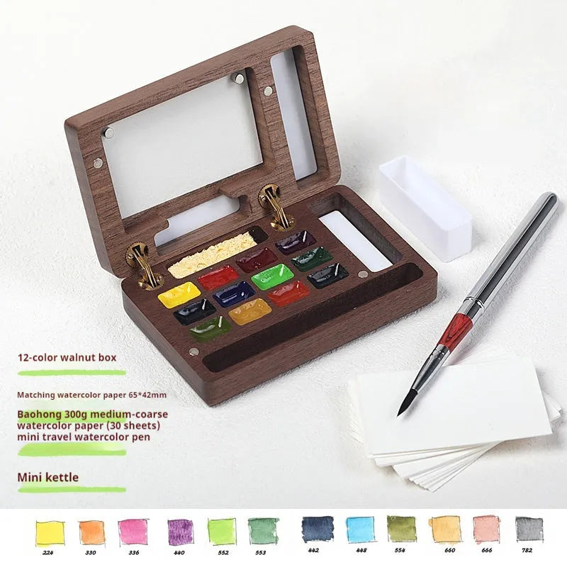 Mini walnut wooden watercolour paint box with included professional paint set for portable art supplies