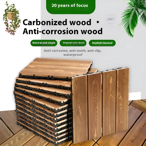Square pine wood floor panel for balcony with 30cm dimensions and a brushed finish.