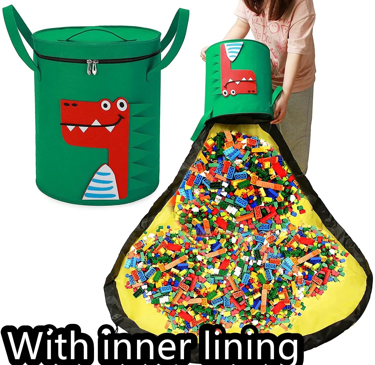 Green felt cube storage bag with pull rope shown as both toy container and play mat
