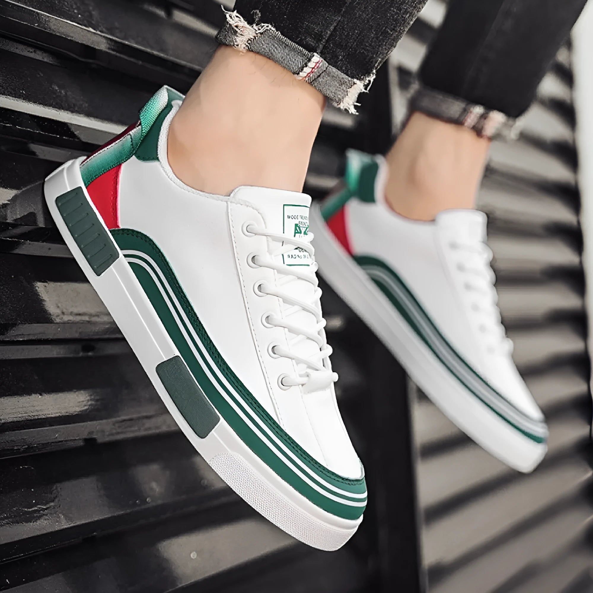 Men's beige, white and green canvas casual shoes with mesh ventilation panels