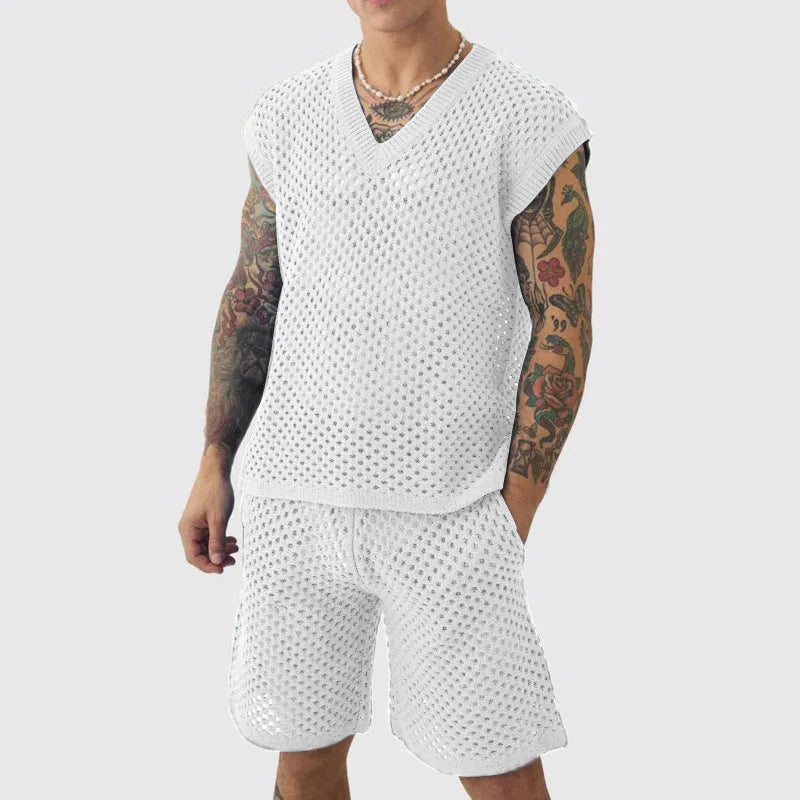 Men's blue knitted vest and shorts sports suit with V-neck design for summer athletic wear