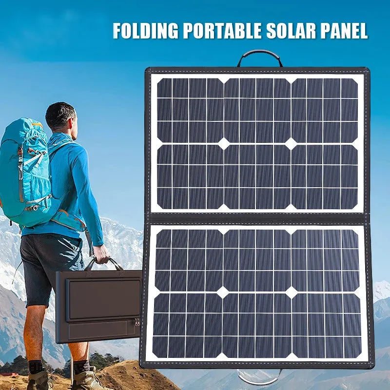Black 40W folding solar panel unfolded for use with portable carrying bag