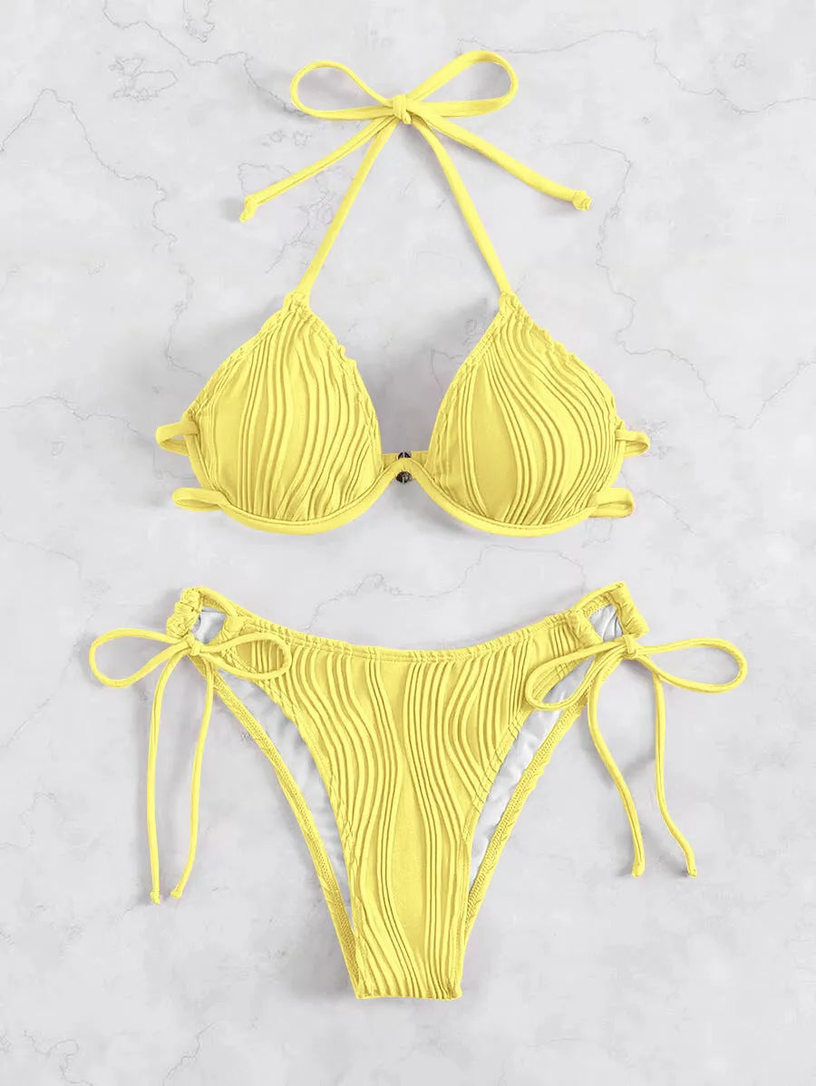 Women's steel bracket underwire split bikini swimsuit in various colours.