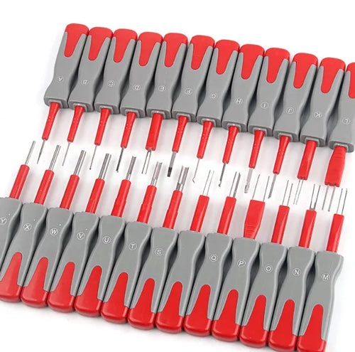 25-piece car terminal removal tool kit in a blue plastic storage organiser with colour-coded handles.