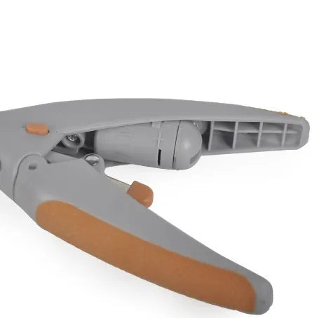 Dog nail clipper with illuminated LED light and visible blood line guide on the cutting head.