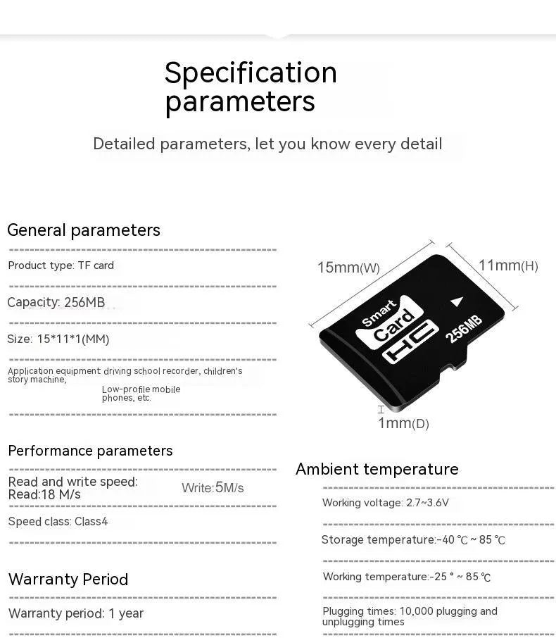 256MB TF series memory card measuring 11x15x1mm for MP3 and MP4 devices in packaging