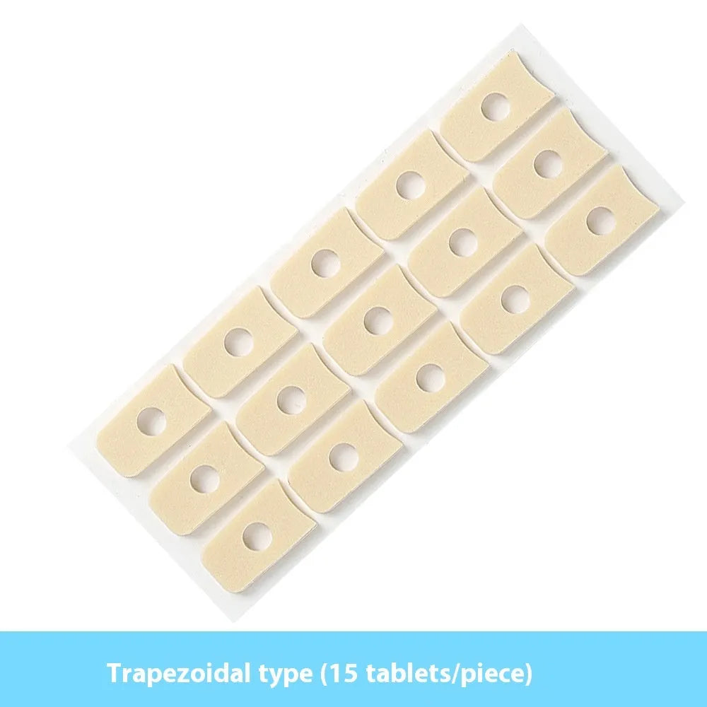 Women's heel grip toe pads pack showing four different shapes: large oval, small oval, U-shaped, and circular section