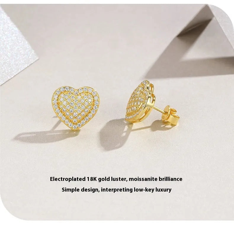 S925 silver moissanite heart-shaped stud earrings shown in gold plating