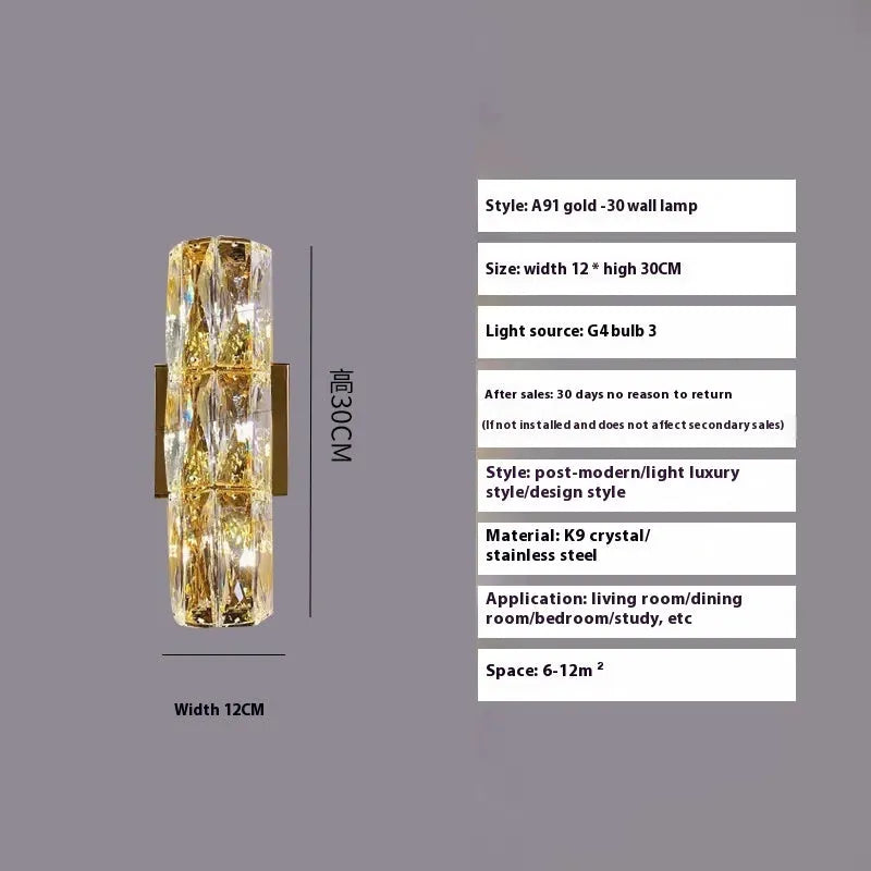 Crystal wall lamp with stainless steel frame in gold or chrome finish, mounted on a wall.