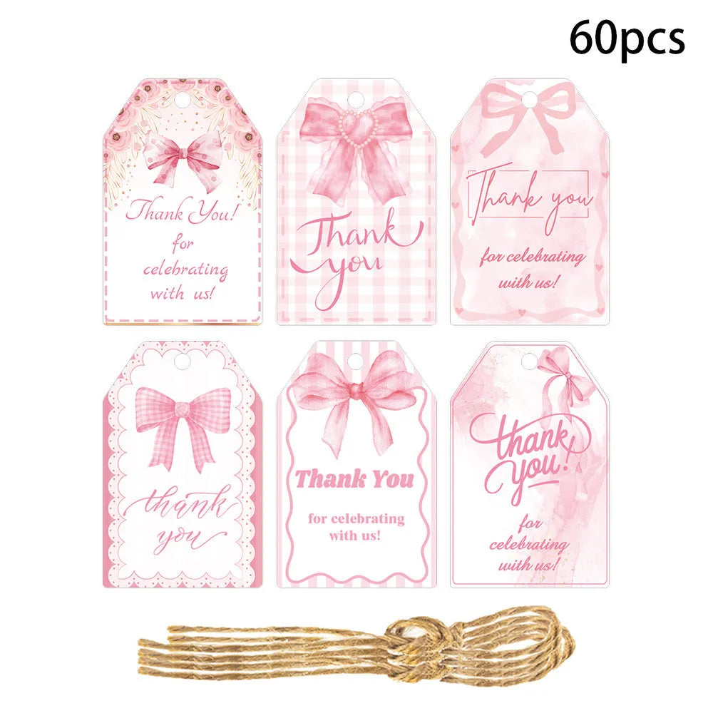 60 paper birthday gift tags with natural jute twine in three decorative bowknot styles