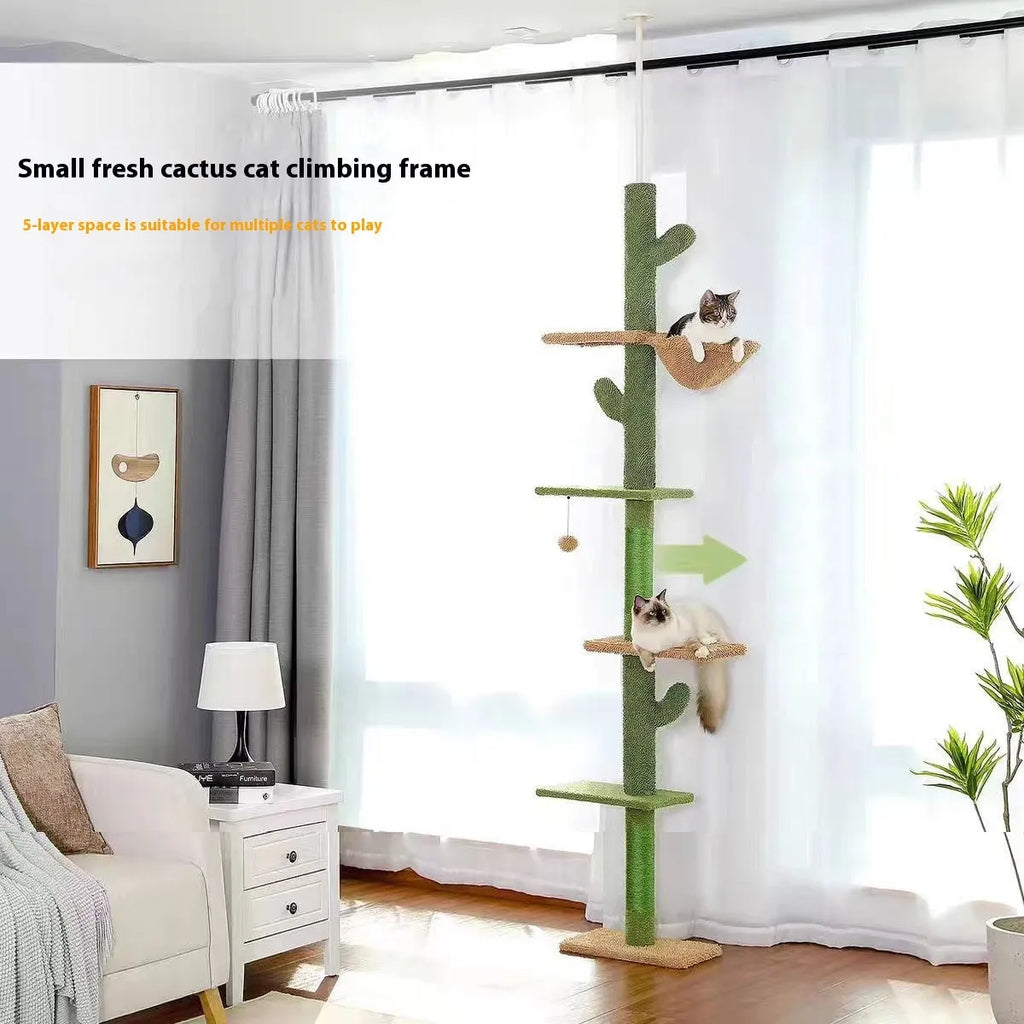 Solid wood cat climbing frame with integrated cat nest, scratch board, and toys