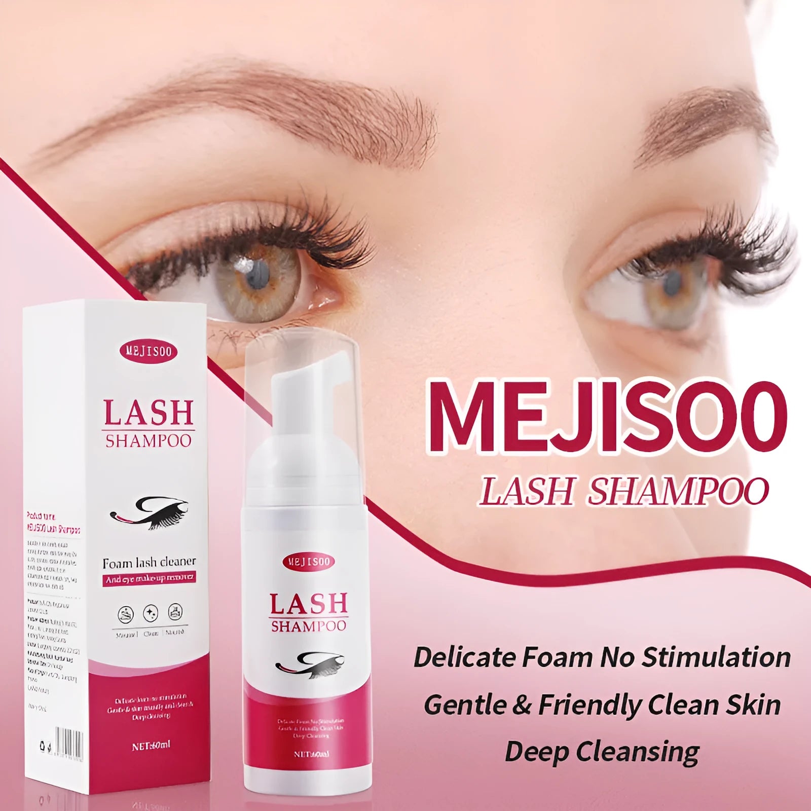 60ml lash shampoo mousse bottle with applicator brush for eyelash cleaning