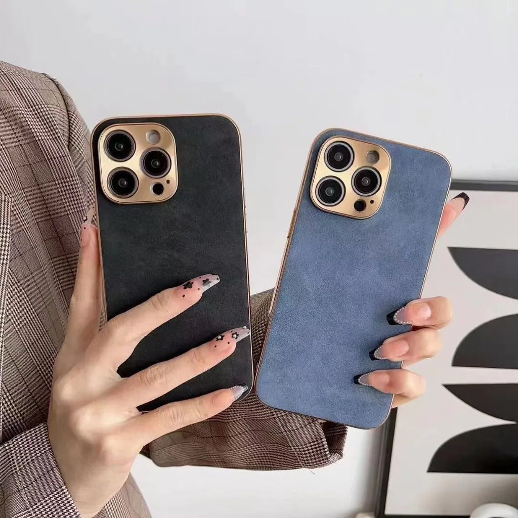 Leather texture iPhone case in grey, black, grey-green, or blue colours showing front and back views