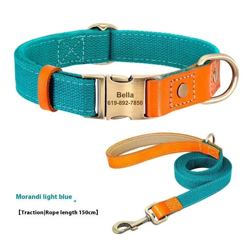 Small dog mohair collar and lead set in green with lettering, shown with sizes XS, S, M.
