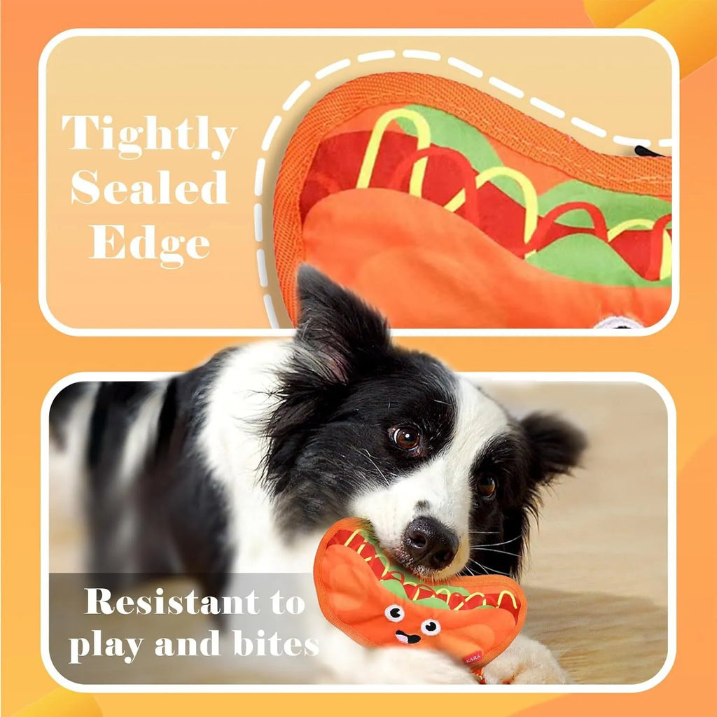 Food-shaped dog chew toys including hamburger, fries, hot dog and pizza designs with crinkle and squeak features