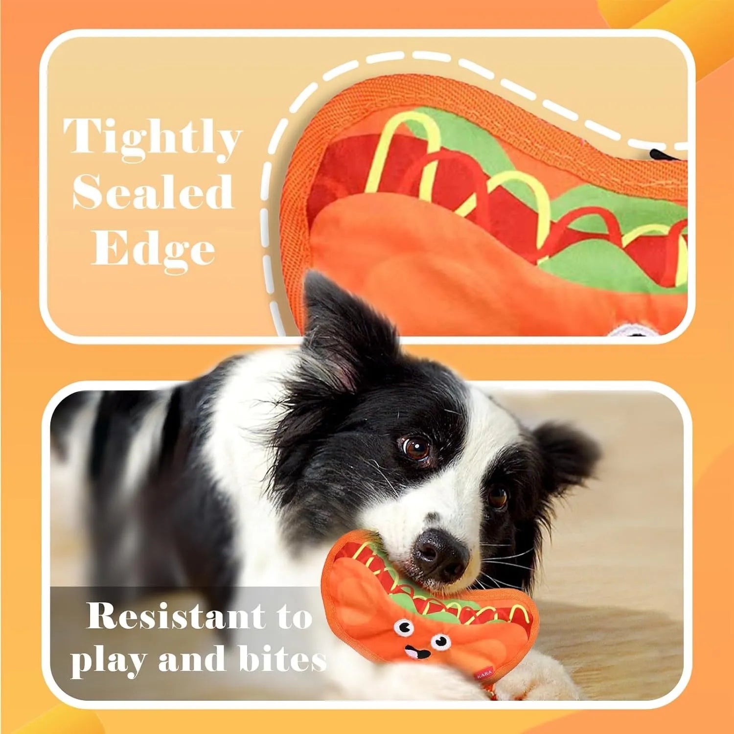 Food-shaped dog chew toys including hamburger, fries, hot dog and pizza designs with crinkle and squeak features