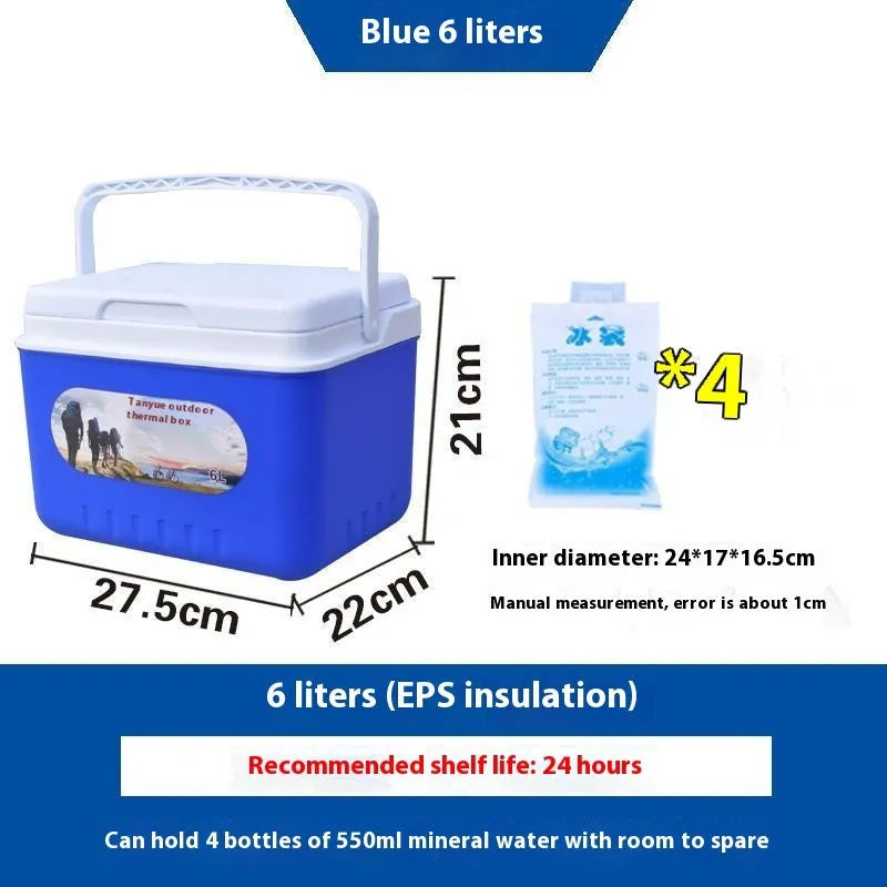 Blue portable insulated cooler bag with aluminium foil interior, shown in multiple size options.