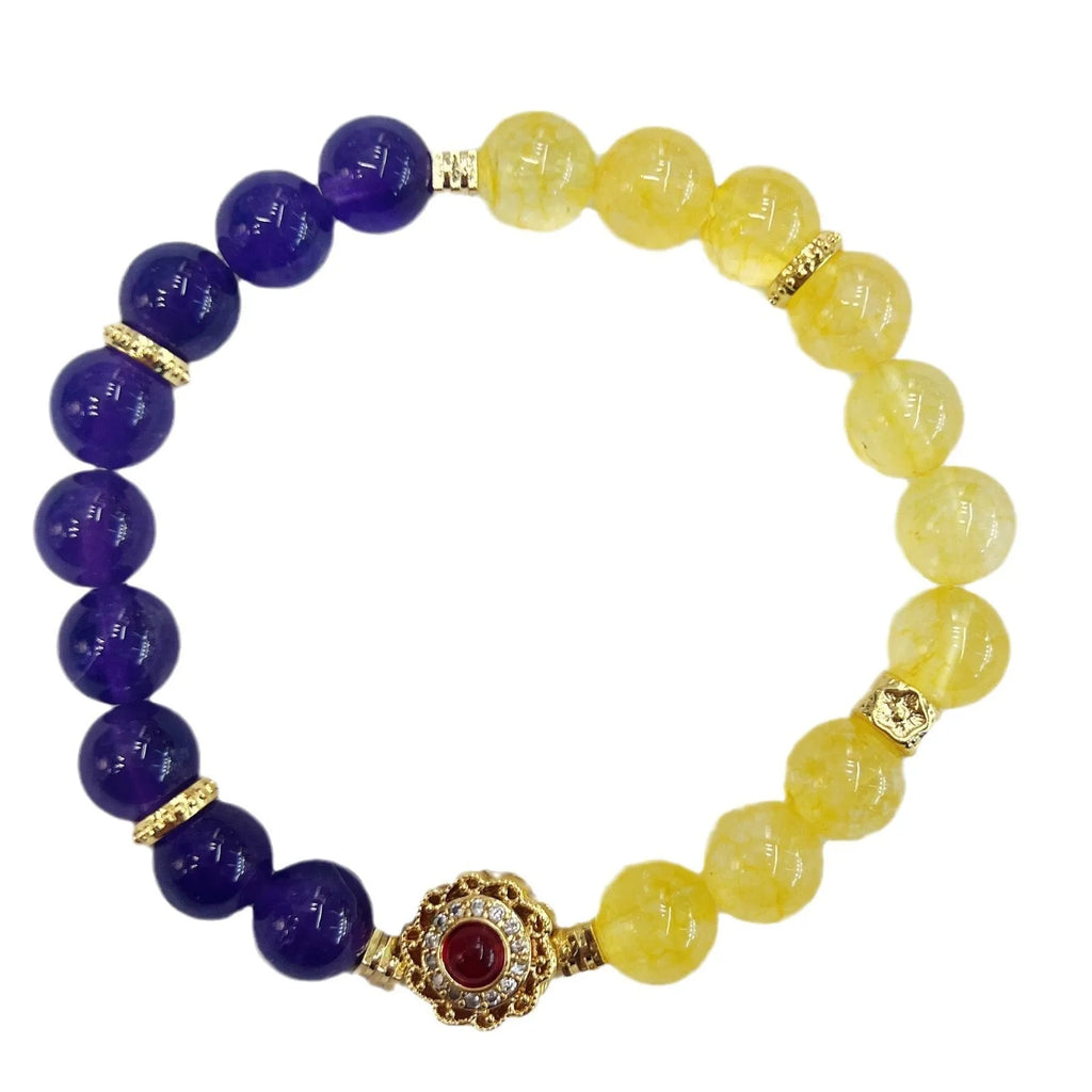 Handmade women's amethyst crystal bracelet with yellow and purple stones