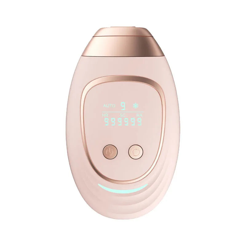 Pink and white laser hair removal device with ice-sensing technology, protective glasses, and charging cable