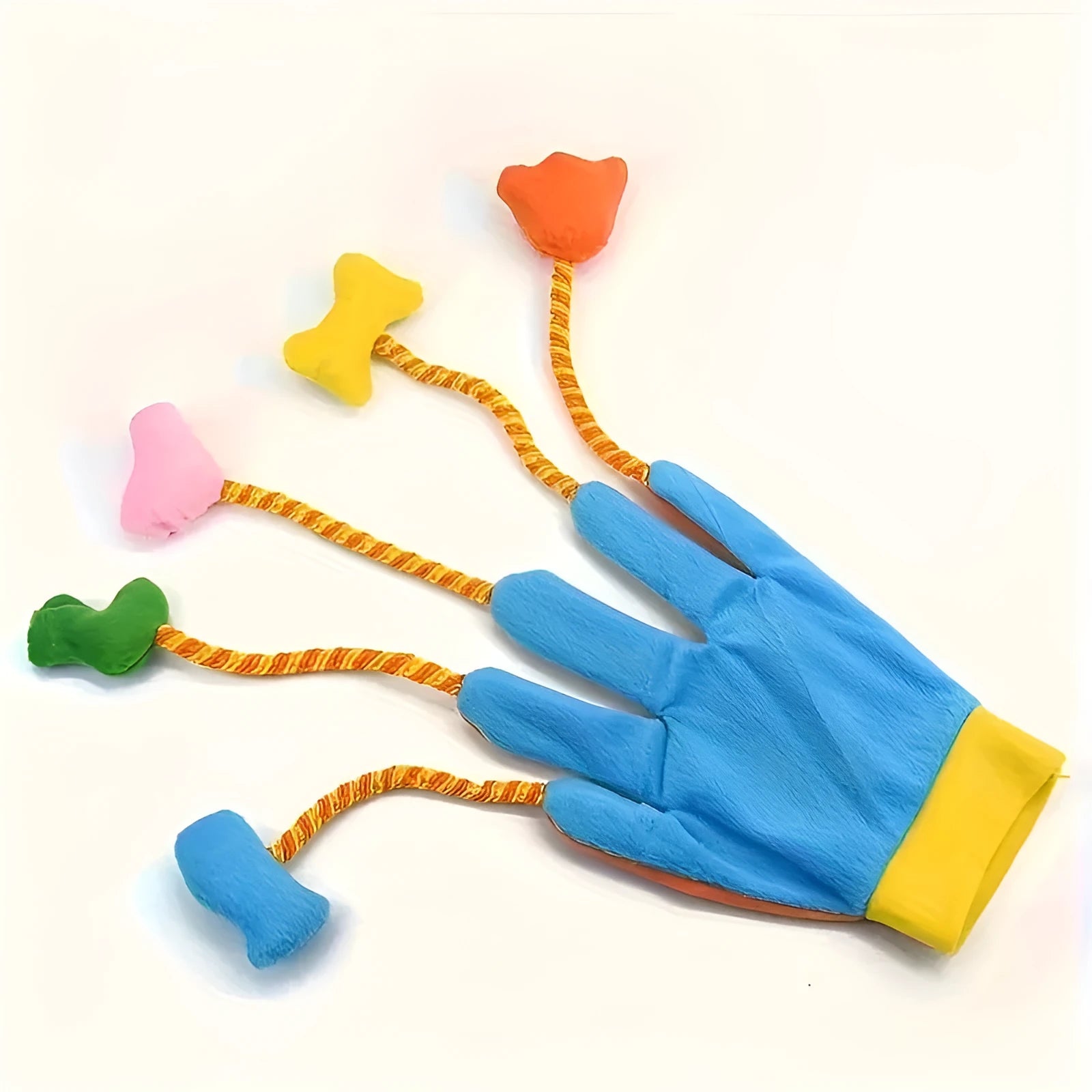 Yellow and blue plush cat toy shaped like a glove with a bell, shown on a scale indicating 52g weight.