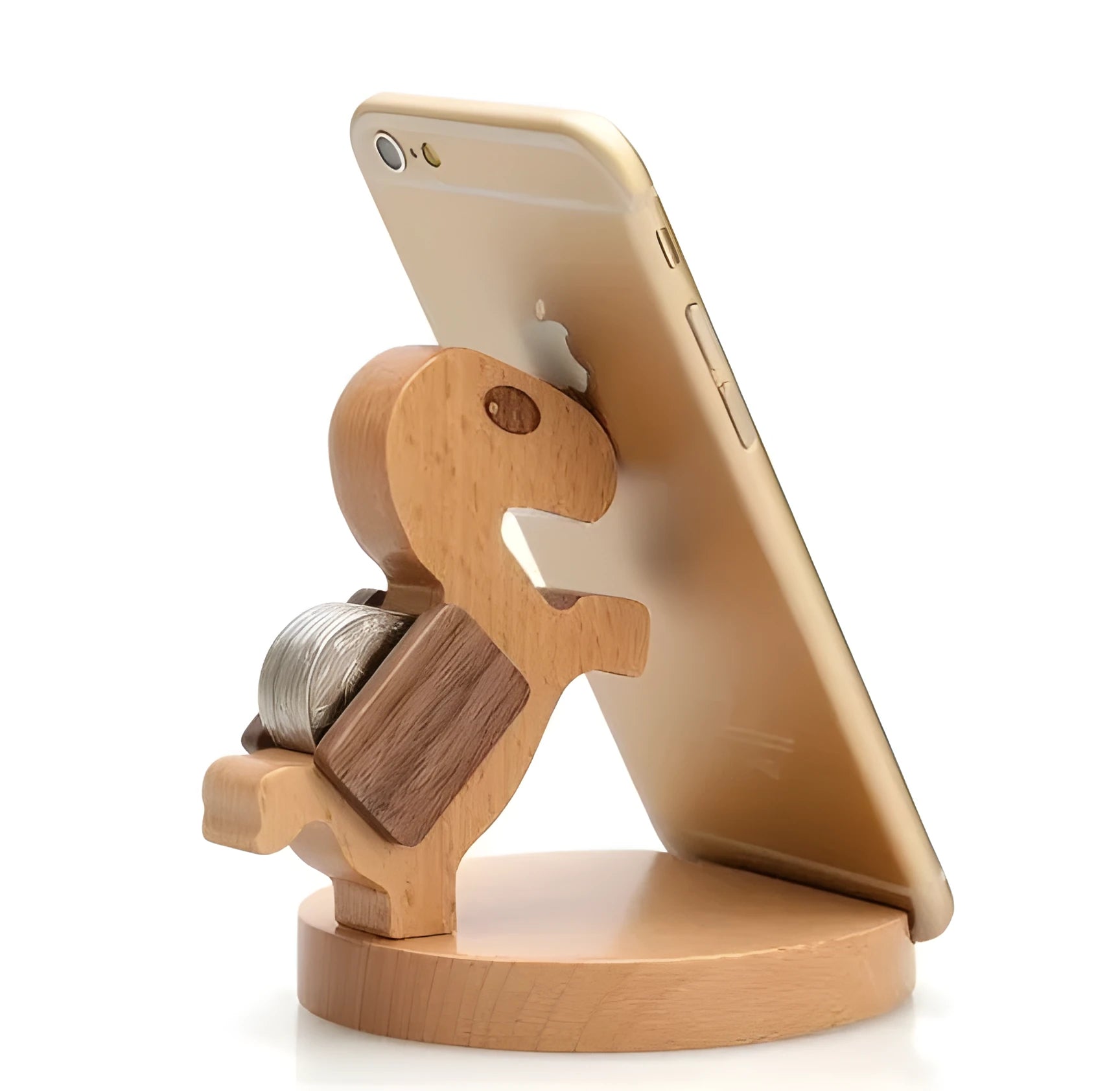 Resin mobile phone holder with beech wood animal design and coin storage compartment