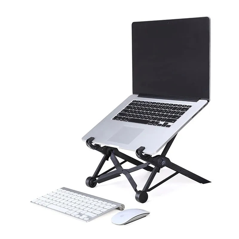 Sagacious black folding laptop stand with carrying case showing 40cm width