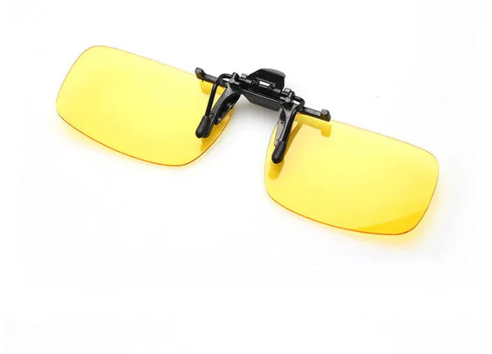 Myopia clip-on driving sunglasses with PC lenses in grey, green, and night vision options.