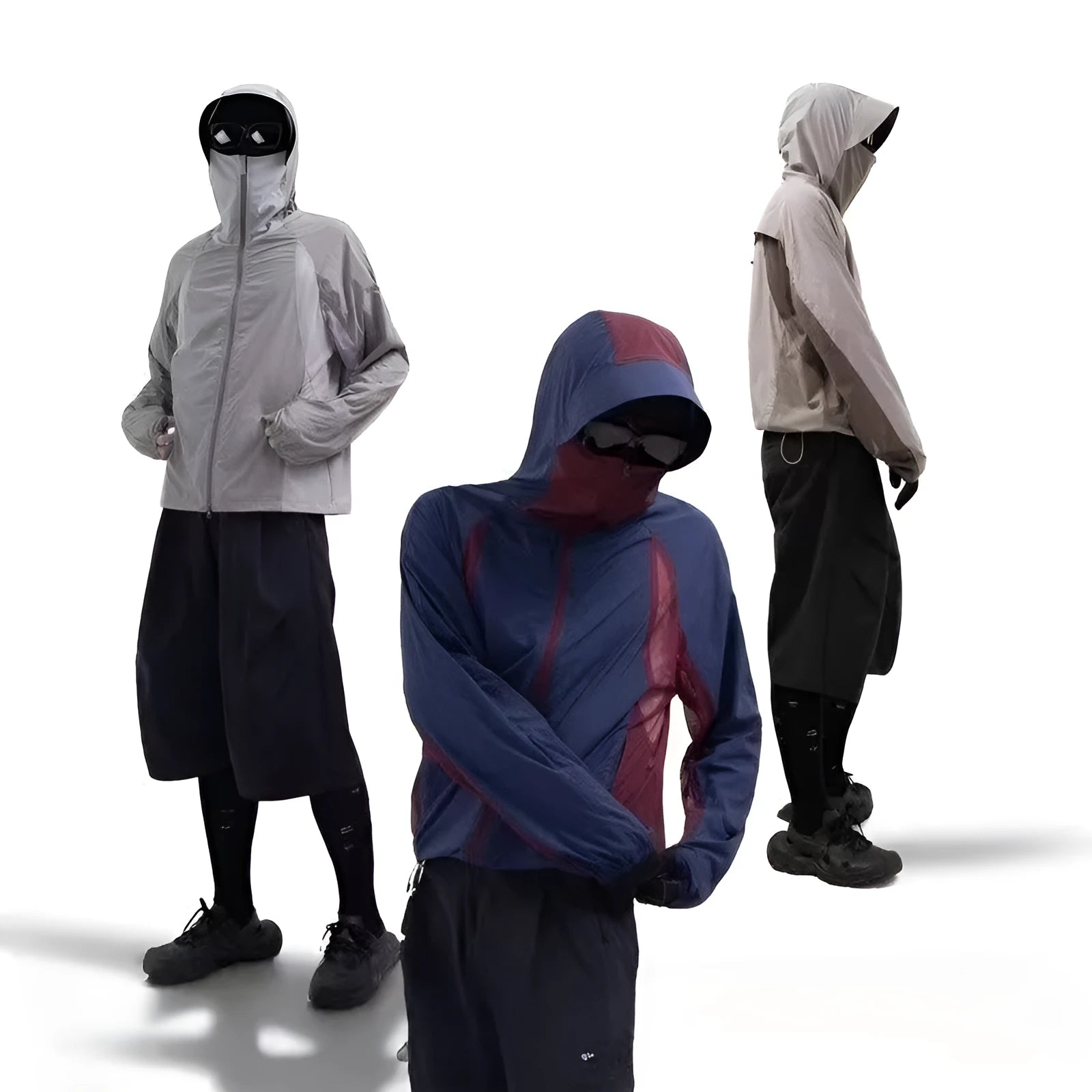 Mesh stitching sun protective clothing in desert brown, light grey, red or blue nylon fabric