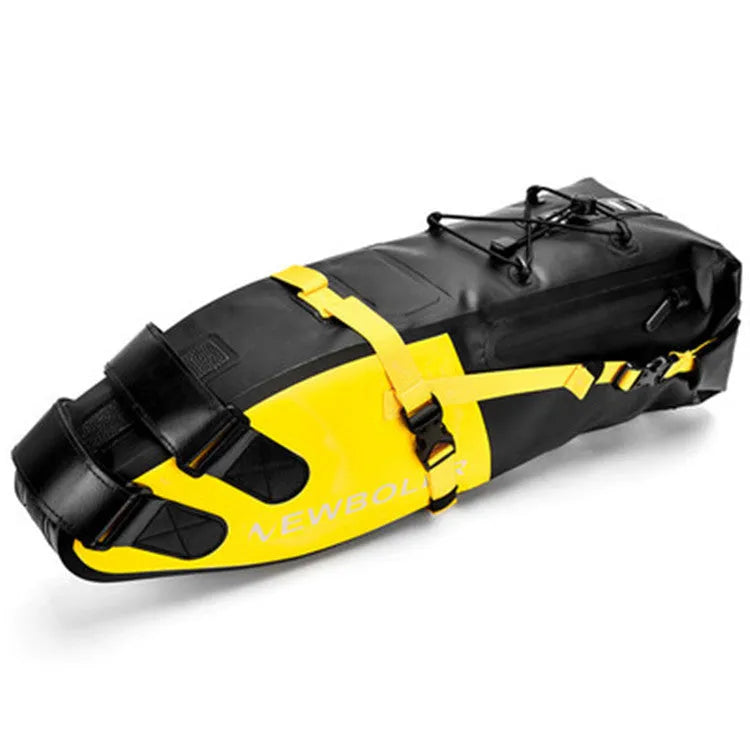 Waterproof black PVC bicycle tail bag with 13L capacity for outdoor cycling tools.