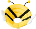 Soft fabric cat cone collar with black and yellow bee design and Velcro closure.