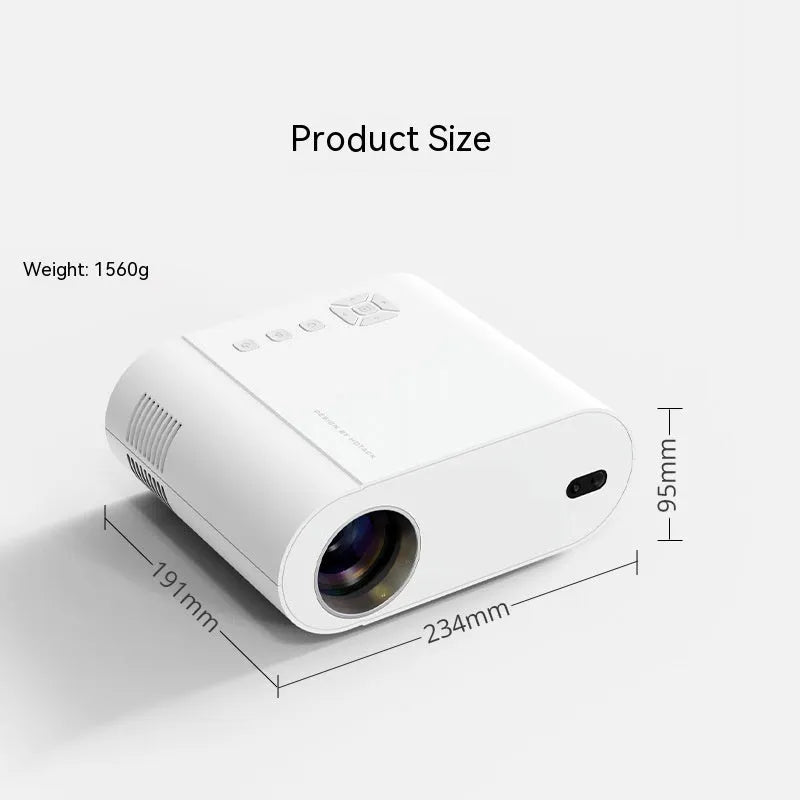 White T07 smart projector with remote control on a table, displaying a 1080p Full HD image.