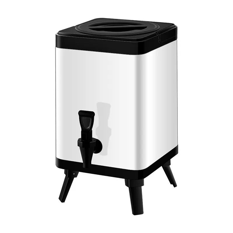 Silver stainless steel milk tea bucket with square lock design showing 8 litre capacity