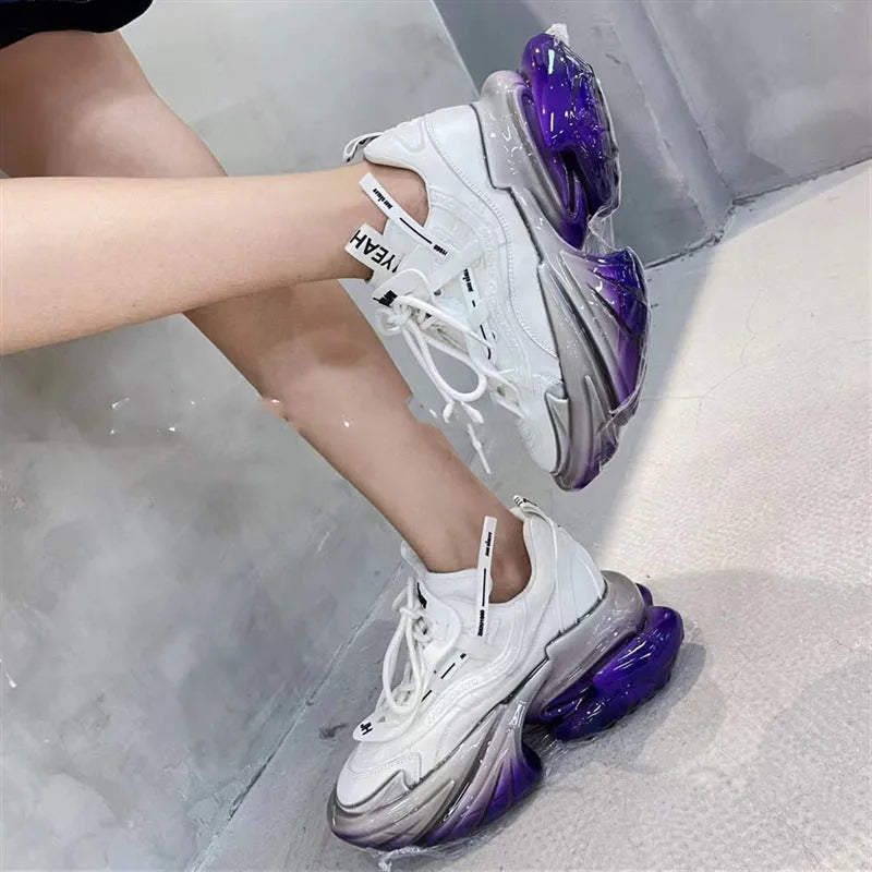 Women's leather casual sports shoes with thick jelly soles and cross-tie design in multiple colour options