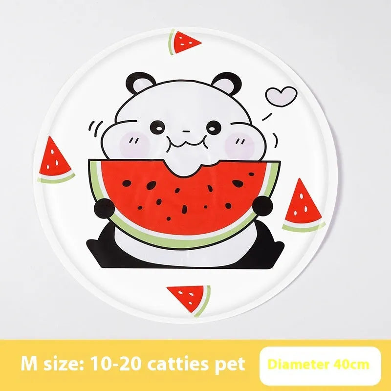 Round pet cooling mat with colourful cartoon design for dogs, showing gel filling and cloth cover