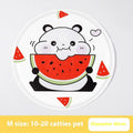 Round pet cooling mat with colourful cartoon design for dogs, showing gel filling and cloth cover