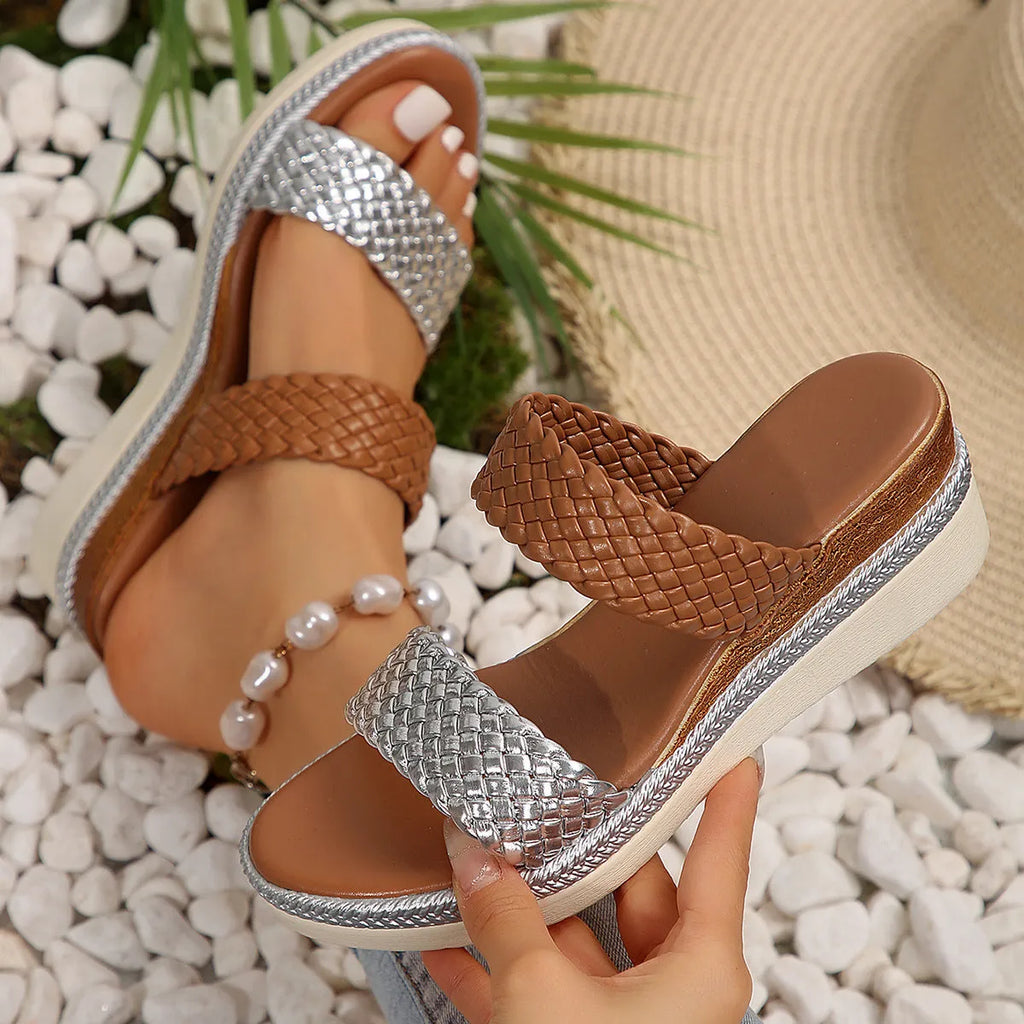 Gold and silver plus size women's wedge sandals with a 4.5 cm rubber sole